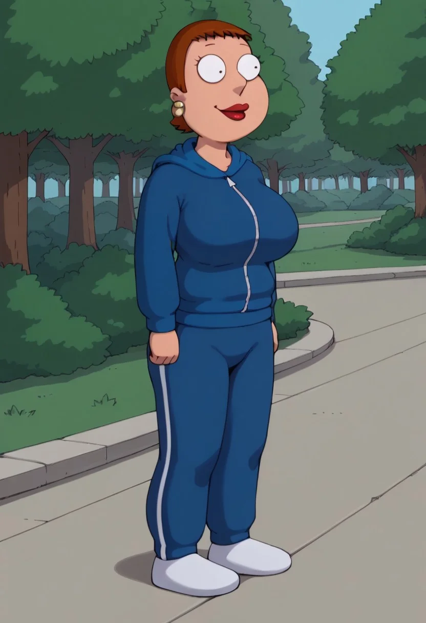 score_9_up, score_8_up, BREAK, high quality, Jennifer, 1girl, solo, brown hair, short hair, black eyes, derp eyes, lipstick, earrings, huge breasts, hips, thighs, hoodie, pants, white footwear, outdoors, forest