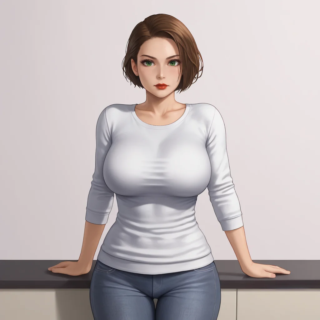 <lora:jillresidentevil3remake_pony_v1:.9>  JillValentineResidentEvil3Remake, 1girl, brown hair, short hair, large breasts, green eyes, red lips, cowboy shot, sweater, jeans