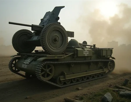 sketch of the battlefield, Masterpiece, Top quality, World War II (1.5), atmosphere of the battlefield (1.4), Dust clouds (1.1), Exquisite weapons (1.0), Atmospheric lighting (1.1), Cinematic composition (1.2), Historical accuracy (1.4), <lora:self-propelled-gun-ue-630-f:0.9>self-propelled-gun-ue-630-f
This vehicle was used by the German army in WWII, and was made into an improvised self-propelled gun by mounting an anti-tank gun on the wheels of a military tractor. Logs were placed in front and behind the wheels of the anti-tank gun to act as stoppers.from side,German military identification marking of a cross.no humans.