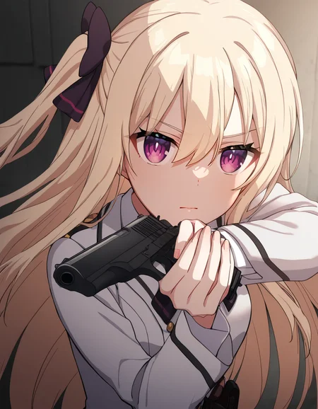 masterpiece, best quality, newest, absurdres, highres, safe,, <lora:dal-mayuri-movie-ponyxl-lora-nochekaiser:1>, mayuri, long hair, blonde hair, hair between eyes, hair bow, one side up, bow, purple eyes, medium breasts, anime screencap, <lora:center-axis-relock-stance-illustriousxl-lora-nochekaiser:1>, center axis relock stance, looking at viewer, holding, closed mouth, weapon, holding weapon, gun, holding gun, handgun, aiming, finger on trigger, aiming at viewer, m1911,, ,