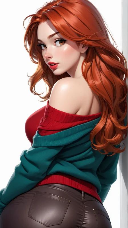 (1girl, solo, masterpiece, 8k, HDR,), ginger girl, 
character concept art of a beautiful woman leaning over, red sweater falling off her shoulder, cleavage, extremely sexy, seductive, long hair, luscious lips, comic book art, rough colored sketch, 
(small breasts, big hips, looking at the viewer),
(simple background, white background)