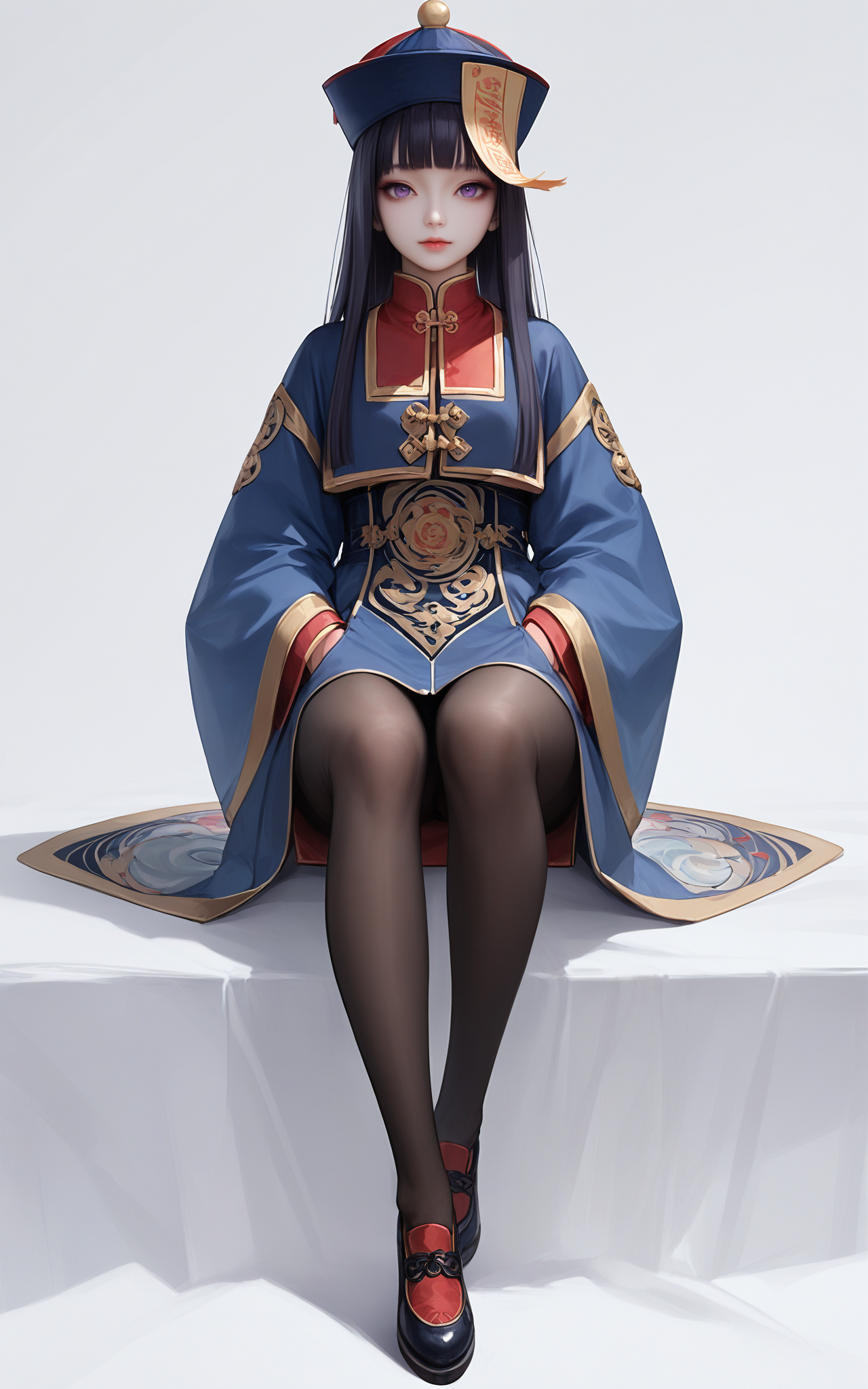 score_9,score_8_up,score_7_up,
<lora:jiangshiPony:1>,
jiangshi,1girl,solo,hat,white background,pantyhose,simple background,purple eyes,long hair,qing guanmao,shoes,hands in pockets,full body,looking at viewer,sleeves past fingers,sitting,bangs,black pantyhose,long sleeves,sleeves past wrists,blunt bangs,wide sleeves,ofuda,