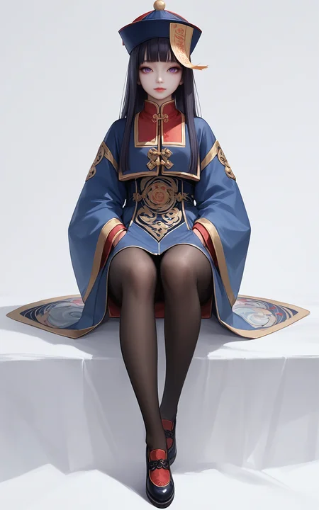 score_9,score_8_up,score_7_up,
<lora:jiangshiPony:1>,
jiangshi,1girl,solo,hat,white background,pantyhose,simple background,purple eyes,long hair,qing guanmao,shoes,hands in pockets,full body,looking at viewer,sleeves past fingers,sitting,bangs,black pantyhose,long sleeves,sleeves past wrists,blunt bangs,wide sleeves,ofuda,