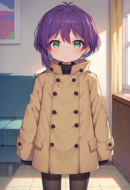 score_9, score_8_up, score_7_up, source_anime, masterpiece, <lora:Warui_Hito:1>, 1girl, solo, child, female child, purple hair, green eyes, ahoge, one earring, colored, 
long coat, black pantyhose, 
standing, looking at viewer,
indoors, living room, <lora:Warui_Hito:1>