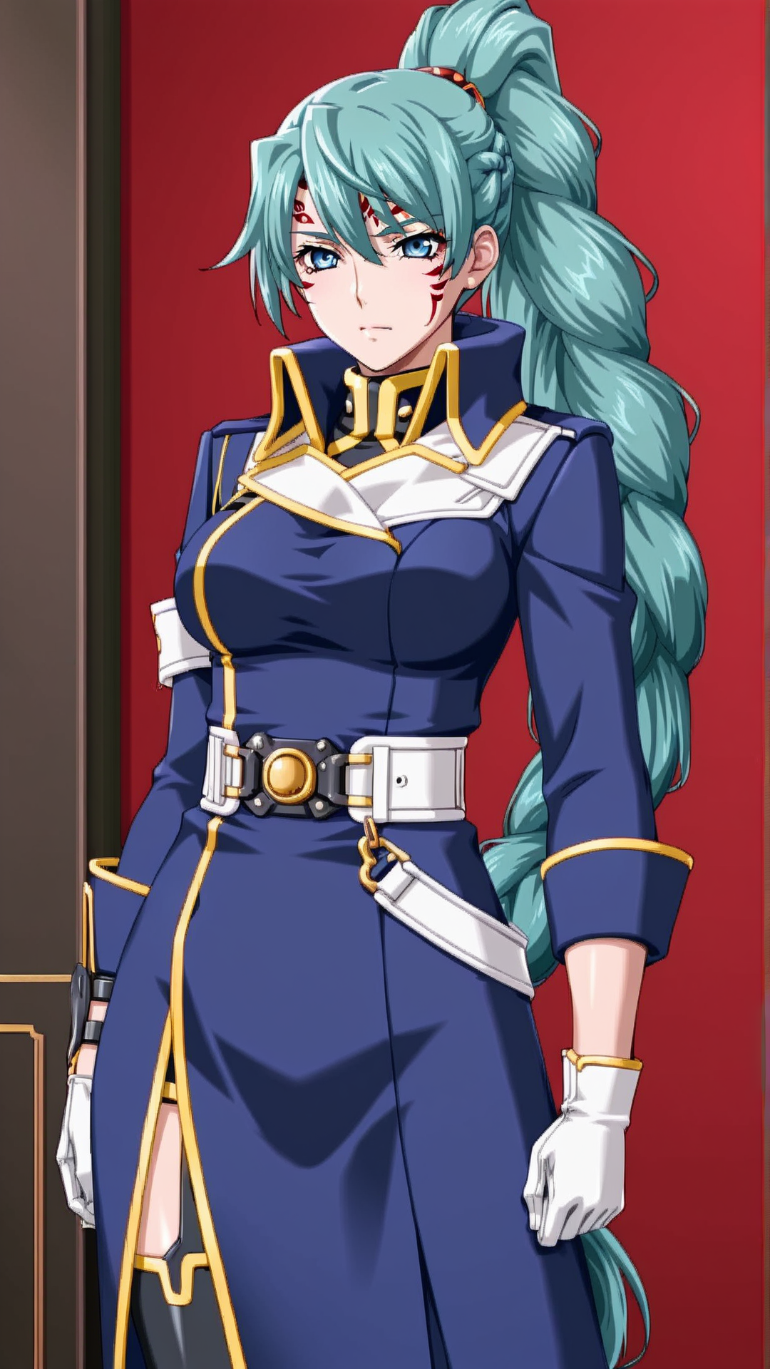 source_anime, general, best quality, masterpiece, 1girl,  <lora:Fu-Lu_Mu-Lu_ill_v1.0:1> fu-lu_mu-lu\(srw\),green hair , blue eyes, facial mark,braid, very long hair, braided ponytail,single braid, military uniformthighhighs, white gloves,