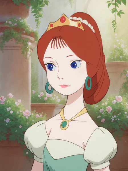 score_9, score_8_up, portrait, sharp focus, soft lighting, illustration, garden, depth of field, camillexl, 1girl, solo, red hair, blue eyes, earrings, necklace, ponytail, tiara, green dress, <lora:camillexl:1>