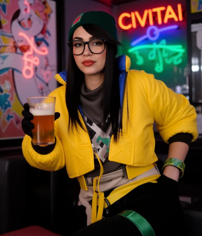She holds a beer in a pub. A neon sign says "CIVITAI".  <lora:Killjoy:0.9> killjoy, a woman with a yellow jacket, black glasses, green hat, black pants.
