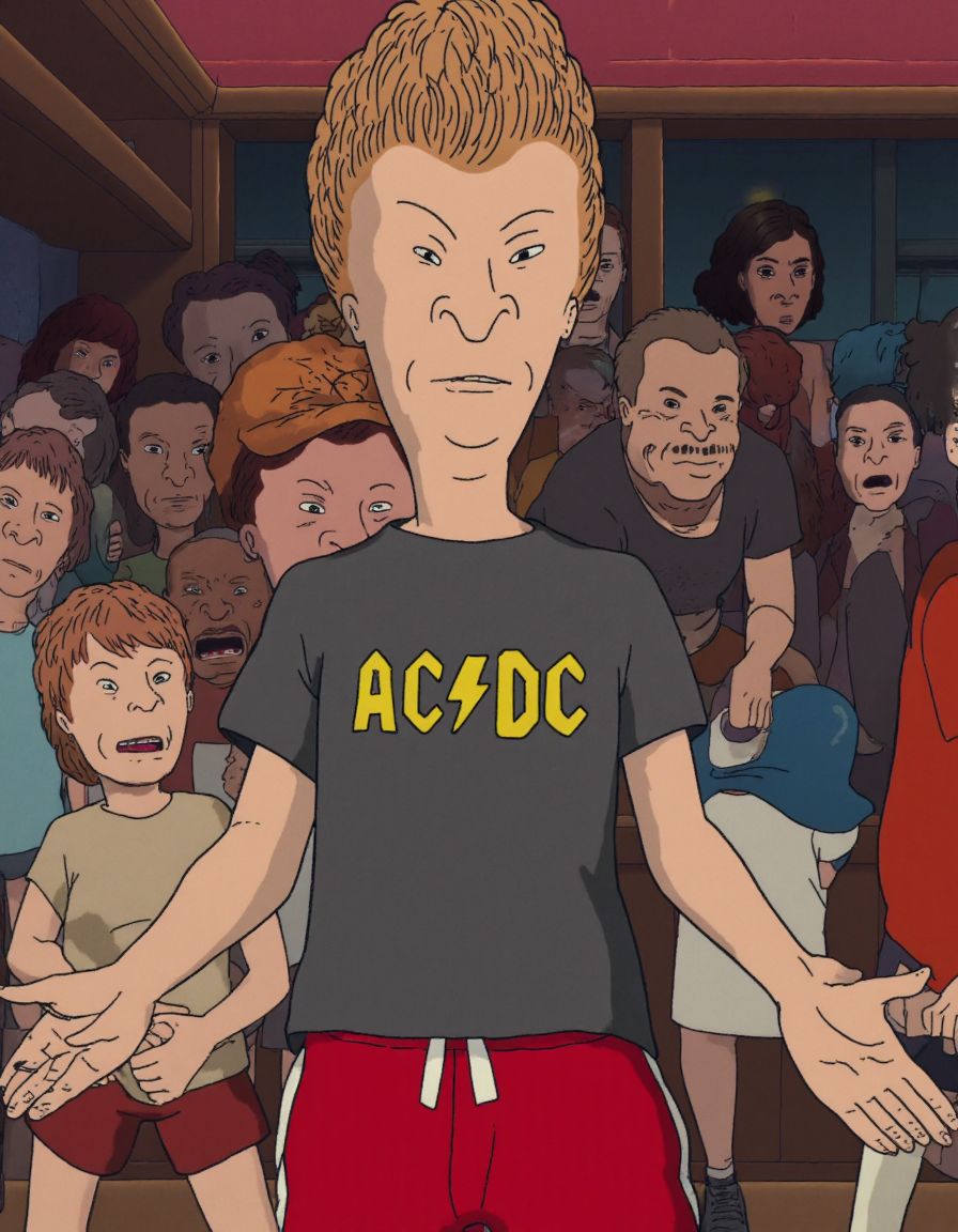 2d artstyle, mike judge artstyle, Butthead character wearing AC/DC shirt, red shorts, (depicted as anime style villian)  <lora:Butt-head_Flux:1> <lora:Studio_Ghibli_Flux:1> ghiblistyle