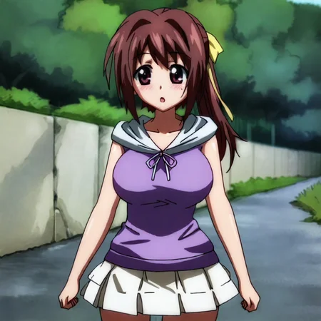 <lora:Sohara_pony_v1:1>SoharaPurpleJacket, 1girl, brown hair, ponytail, large breasts, hair ribbon, white skirt, hoodie, hood, brown eyes, long hair, casual, cowboy shot
