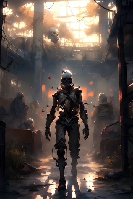 Future robot, human skeleton, Wasteland Style, Cinematic, realistic style, fire, Background explosion,
<lora:add_detail:1>, <lora:20231114-1699945989034:0.8> Dark, <lora:Wasteland:1>
