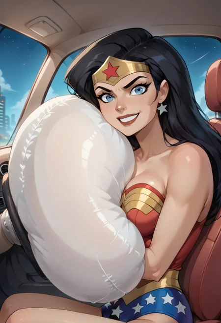 score_9, score_8_up, score_7_up, source_anime,
dianaprince, <lora:diana-prince-dcau-ponyxl-lora-nochekaiser:1>,
diana prince, blue eyes, black hair,
cleavage, huge breasts, bare shoulders, jewelry, star \(symbol\), leotard, star print, superhero,
car interior, airbagcrash, inflatedairbag, airbagcrash, hugging airbag, smile, looking at viewer, solo,