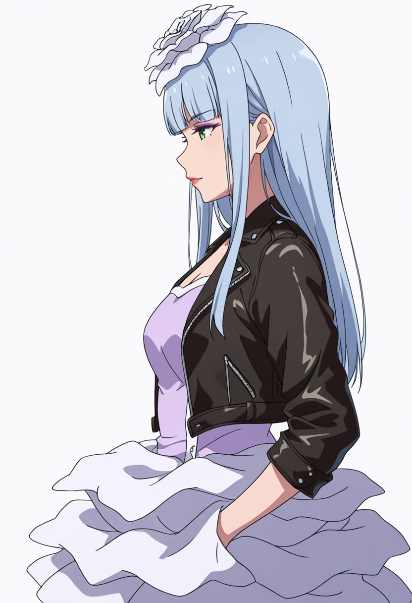 Smooth Quality,masterpiece,very intricate, high quality details, ultra realistic, high detailed skin,detailed enviorement,absurdres,
 <lora:Manami_Supernova_CNR:0.8> manami_cnr, 1girl,blue hair, long hair, blunt bangs, green eyes, makeup, lipstick,white flower,hair flower, hair ornament,, simple background, white background, from side,solo,
walking pose, one hand in pocket, head slightly turned, casual stride,,, =v=,, shirt, ,leather jacket,  ,apron skirt,  ,
