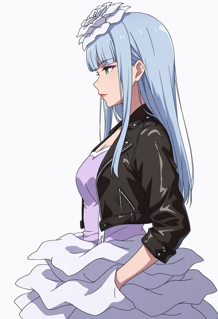 Smooth Quality,masterpiece,very intricate, high quality details, ultra realistic, high detailed skin,detailed enviorement,absurdres,
<lora:Manami_Supernova_CNR:0.8> manami_cnr, 1girl,blue hair, long hair, blunt bangs, green eyes, makeup, lipstick,white flower,hair flower, hair ornament,, simple background, white background, from side,solo,
walking pose, one hand in pocket, head slightly turned, casual stride,,, =v=,, shirt, ,leather jacket, ,apron skirt, ,
