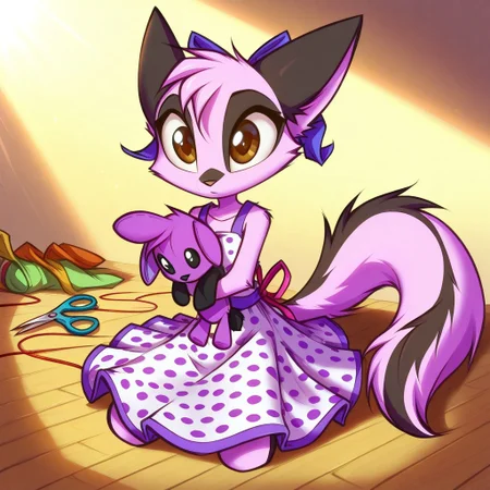 Dreamkeepers,1girl,Prelude_Vi,solo,furry,tail,source_furry,hazel eyes,
child, kid,
Sewing a plush toy, needle, thread, plushie, fabric_scraps, scissors, polka_dot_dress, wooden_floor, sunlight, ribbon