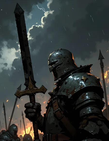 Ev Ganin style. A highly detailed cinematic scene, side profile close up of knight in heavy, rusted armor, wielding and holding a glowing giant sword up high above his head against a backdrop of dark, stormy clouds. The knight's helmet is obscured by smoke, and lightning strikes around them. Rain pours down heavily, creating a dramatic and atmospheric scene. The overall style is dark, gritty, and realistic, with a focus on the knight's determination and the intensity of the battle. The composition should be dynamic, with the knight in the center, surrounded by the chaos of the storm, dramatic, last hope. <lora:Ev_Ganin:1.0>