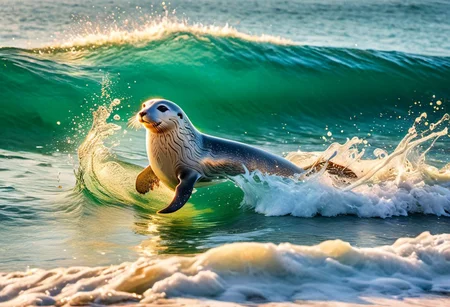 seal emerging from ocean looking towards viewer, beyond the seal is Irish coastal landscape comes alive as a elegant Irish Woman (hayl3y-001) wearing stylish one-piece swimsuit basks on beach, while another woman (tayl0r-001) joyfully dives into the sparkling ocean waters, shimmering surf, ziprealism, score_9, score_8_up, score_8,