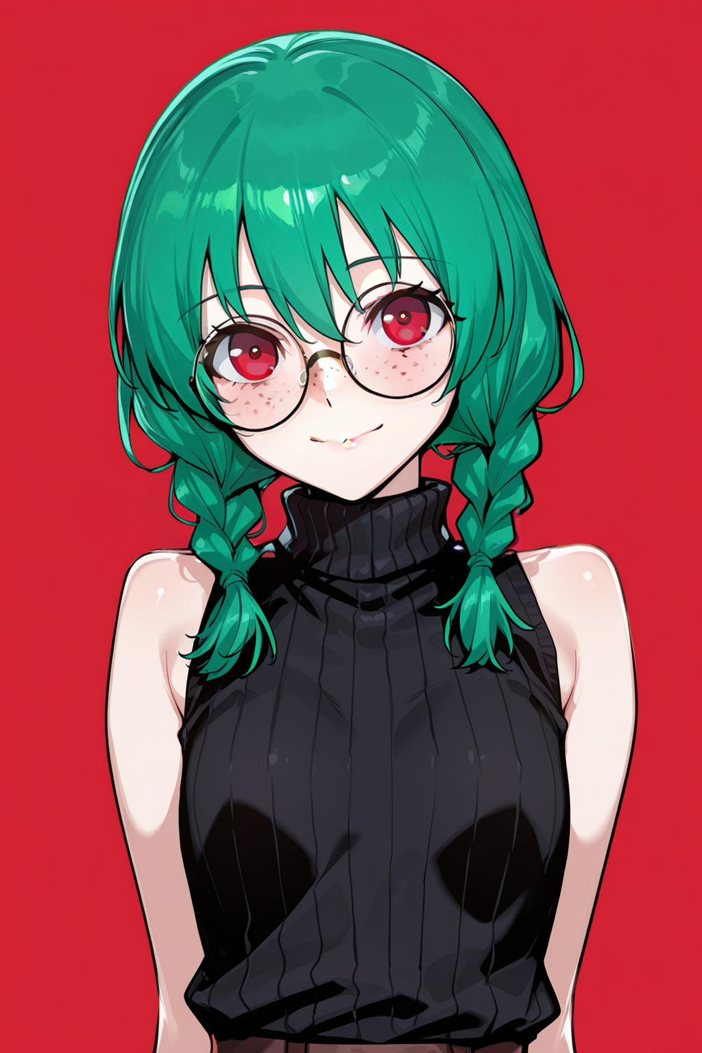 best quality, masterpiece, simple background
1girl, solo, looking at viewer, smile
green hair, twin braids, medium hair, red eyes, glasses, round eyewear, freckles
black turtleneck sweater, vertical stitch, flat chest, sleeveless, thin
<lora:Tomohiro_Kai_Illustrious:1>