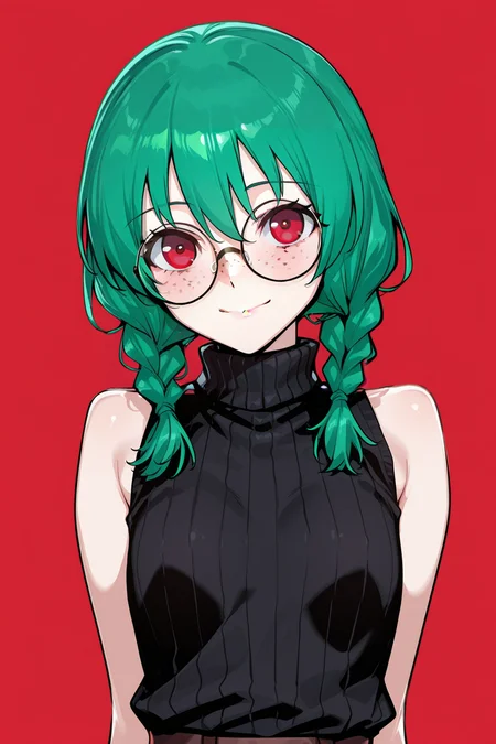 best quality, masterpiece, simple background
1girl, solo, looking at viewer, smile
green hair, twin braids, medium hair, red eyes, glasses, round eyewear, freckles
black turtleneck sweater, vertical stitch, flat chest, sleeveless, thin
<lora:Tomohiro_Kai_Illustrious:1>