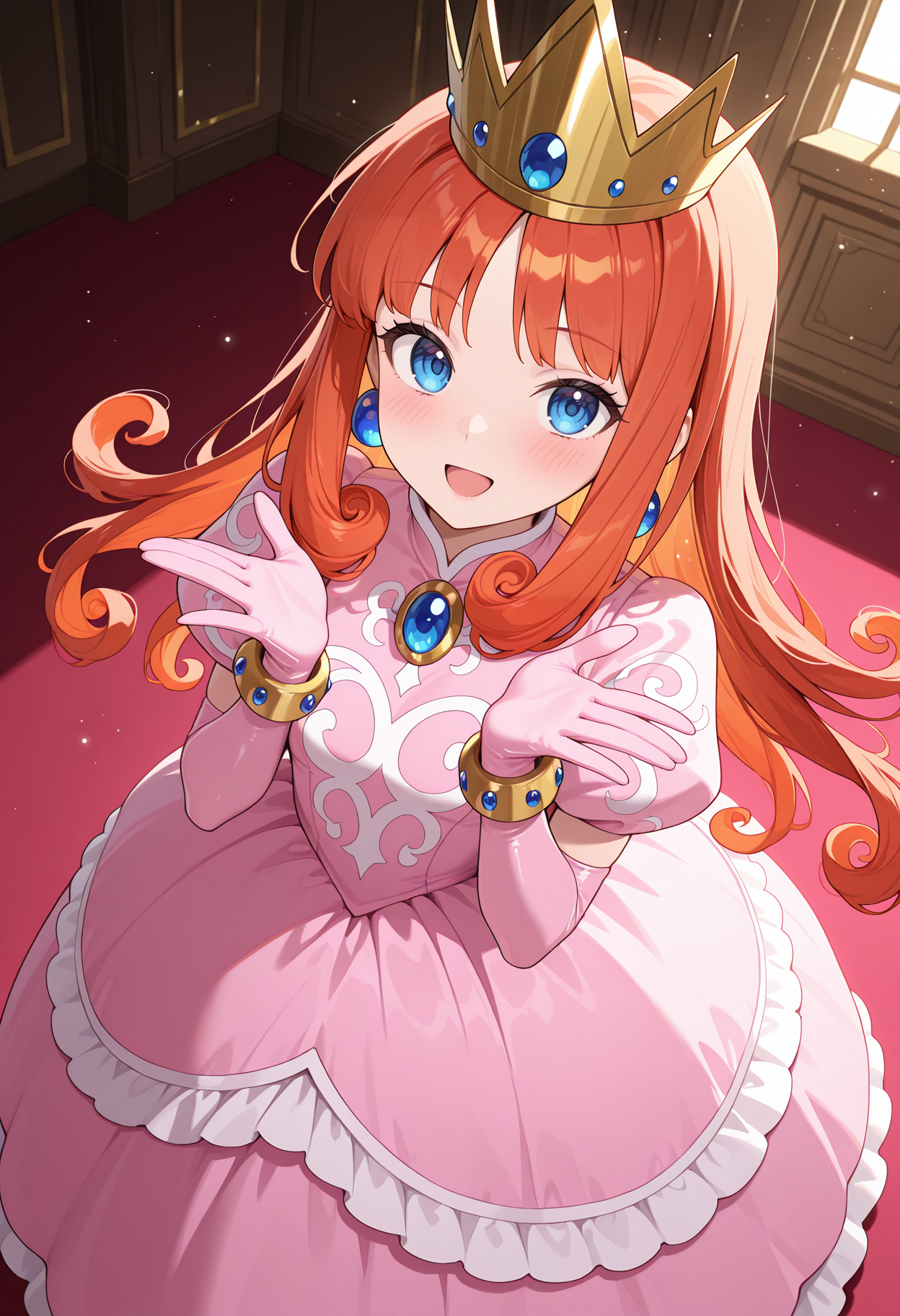 highres, best quality, masterpiece,
indoors, light particles, 
1girl, solo,
wlshkdef, long hair, red hair, orange hair, curly hair, blue eyes, earrings, crown, princess, pink dress, brooch, puffy short sleeves, print dress, elbow gloves, pink gloves, bracelet,
looking at viewer, blush, smile,
dutch angle, hands up, from above, open mouth, 
<lora:_princess_shokora-elesico-ilxlA:1>