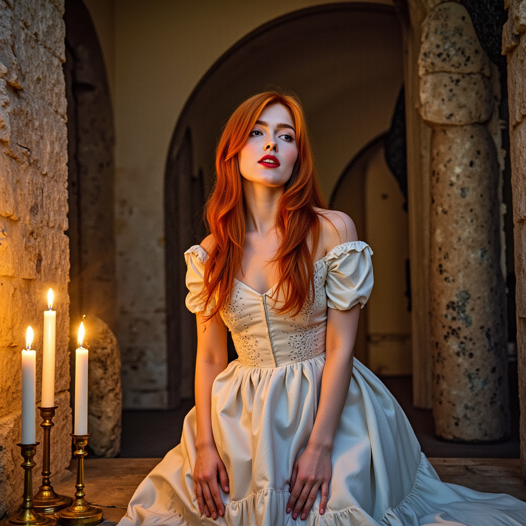 hyperrealistic art watercolor painting expressionist Inside an ancient castle, bathed in the glow of flickering candlelight, the redheaded goddess sitting on the cold stone altar, she's wearing a full victorian dress. Her fiery locks spill over the sacred ground as she gazes upward, looking at the viewer,  her lips parted in an expression of pure, sinful ecstasy. Itâs an image of contrastâholiness and eroticism intertwined, a vision of defiance in a place of restraint  <lora:jialissa64:0.9> jialis . raw, emotional, dynamic, distortion for emotional effect, vibrant, use of unusual colors, detailed . vibrant, beautiful, painterly, detailed, textural, artistic . extremely high-resolution details, photographic, realism pushed to extreme, fine texture, incredibly lifelike