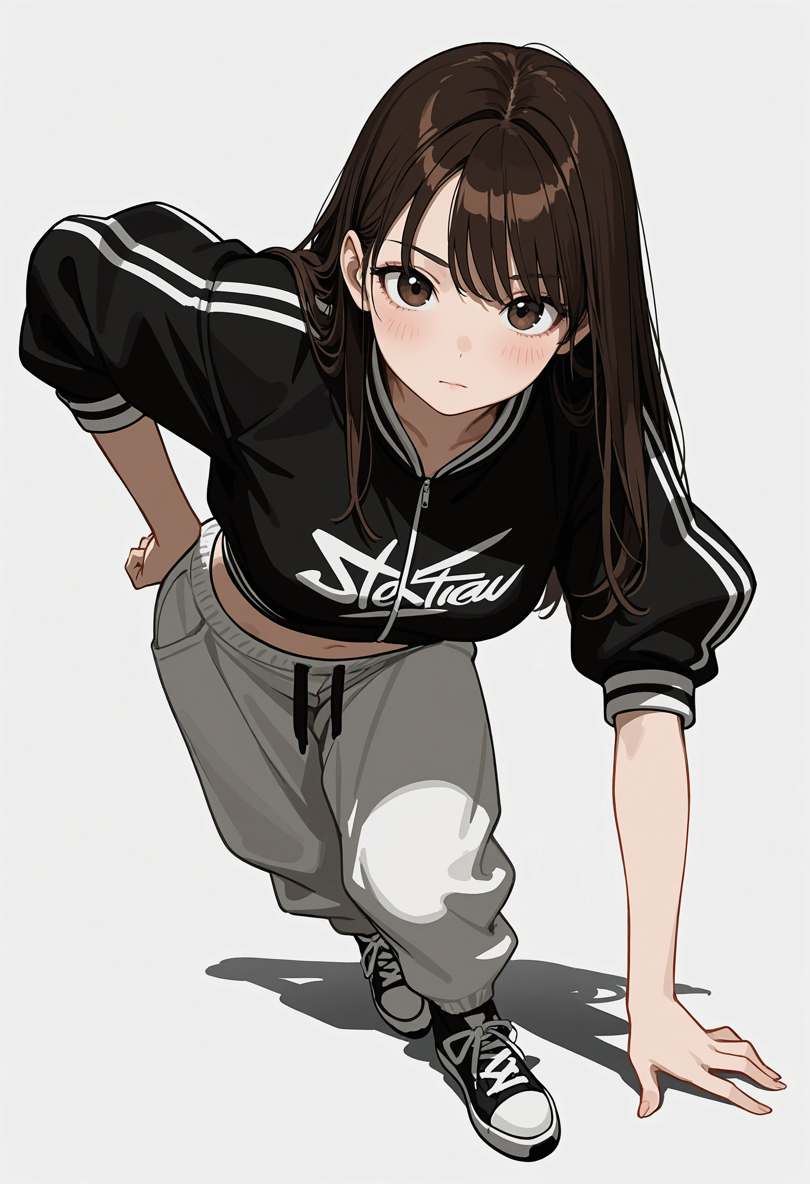 masterpiece, best quality, absurdres, very aesthetic, highres, very awa,
[realistic::0.25],
1girl, solo, dynamic pose,streetwear, baggy pants, cropped jacket, puffy sleeves, sneakers, bangs, looking at viewer, blush, simple background, brown hair, long hair, sleeves rolled up, white background, sketch, leaning forward, midriff peek, hand on own hip, reaching towards viewer, closed mouth, shadow,