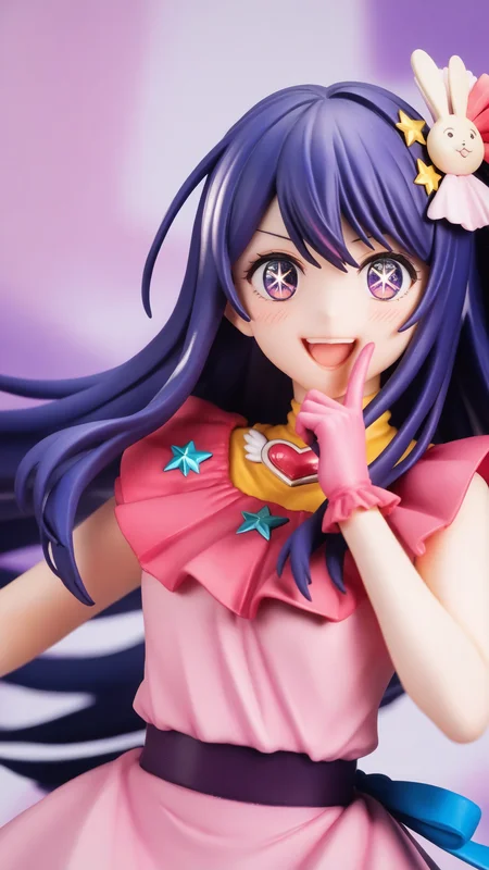 (score_9,score_8_up,score_7_up),source_anime,
1girl,hoshino_ai_\(oshi_no_ko\),solo,upper_body,blush,smile,long_hair,purple_hair,rabbit_hair_ornament,absurdres,highres,battery_indicator,commentary_request,finger_frame,hair_between_eyes,idol_clothes,looking_at_viewer,open_mouth,pink_dress,pink_gloves,purple_eyes,star-shaped_pupils,star_in_eye,<lora:oshi_no_ko:1>,