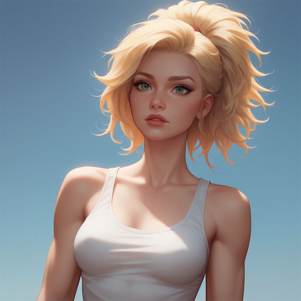 core_9, score_8_up, score_7_up, masterpiece, 
1girl, 18 years old, 
(fit body), full juicy lips, perfect green eyes,
(perfect perky (medium breasts)), 
(soft cute face),
(blonde hair messy ponytail), 
wearing white tank top and skimpy black skirt,