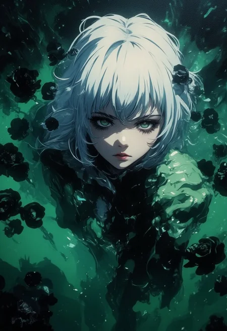 An Acrylic style painting that is expressive, gives it a dynamic and emotional quality. Anime art of a stylized portrait of a woman with a ethereal black and green mist surrounding her body. The mist creates a dramatic and surreal effect. The woman has a cold aesthetic, complimented by her white hair. Anime art of woman draped in shadows with a lighting that enhances her unique features.
The background is dark green, filled with black rose petals.