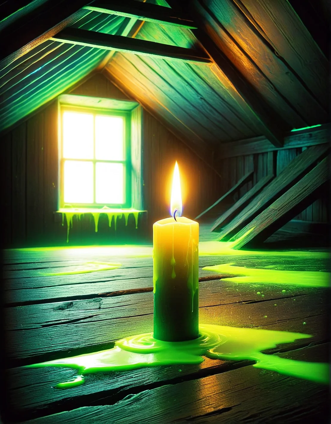 A lone candle burning in a dusty attic, casting long, yellow and green ais-nnsplsh light on the walls. <lora:ais-nnsplsh-sdxl:1>