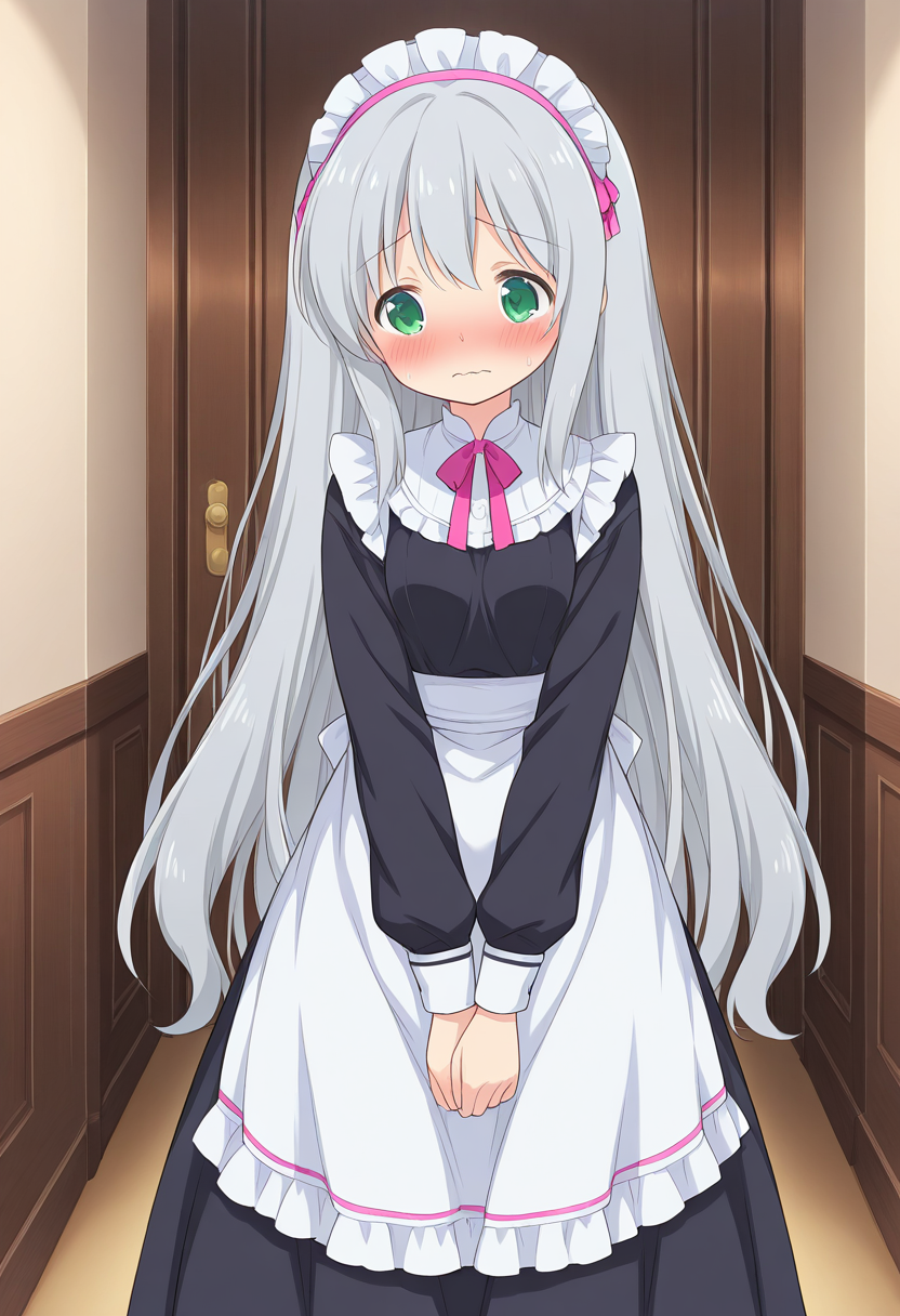 1girl, solo, lalaciellalanciel, grey hair, very long hair, hair down, green eyes, headress, black dress, long dress, waist apron, maid outfit, indoors, corridor, wavy mouth, blush, standing, v arms, cowboy shot,