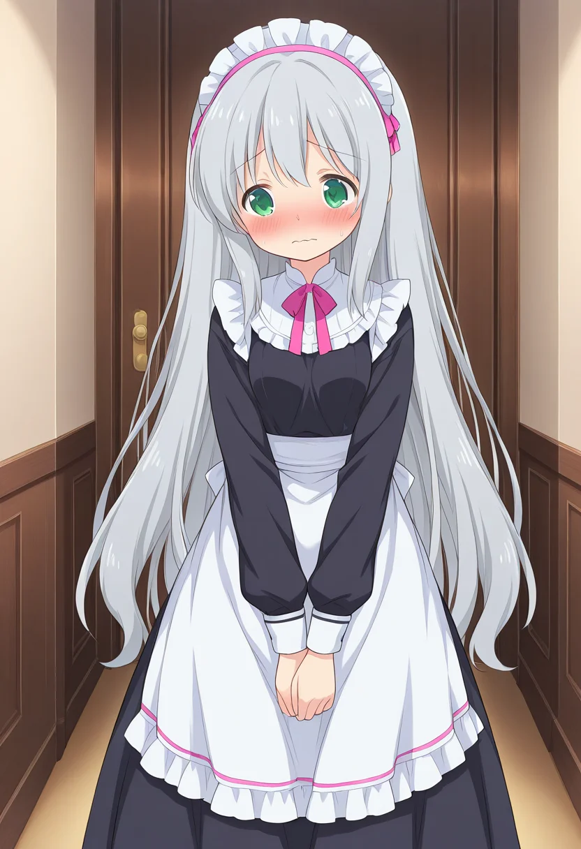 1girl, solo, lalaciellalanciel, grey hair, very long hair, hair down, green eyes, headress, black dress, long dress, waist apron, maid outfit, indoors, corridor, wavy mouth, blush, standing, v arms, cowboy shot,