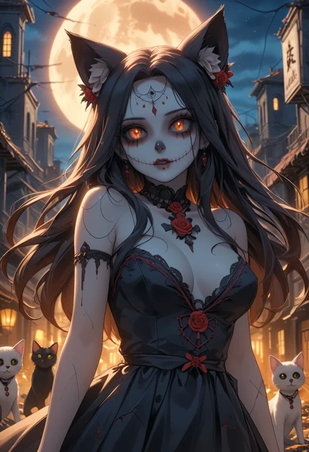 score_9, score_8_up, score_7_up, score_6_up, dynamic, (anime, masterpiece), best quality, (8k), detailed background, sharp focus, intricate, ambient lighting, super high quality, hyper detailed background, cinematic lighting, adult, double tone long hair, mature, Day of the Dead, embedding:zPDXLxxx, spooky, cat ears, long dress, doggystyle, abandoned city, addDetailXl.MLUV, Nyaomi<lora:Nyaomi.safetensors:1.0:1.0> <lora:addDetailXl.MLUV.safetensors:1.0:1.0>