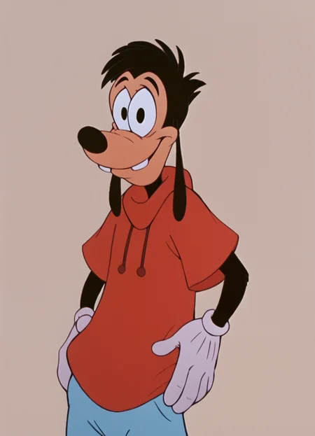 <lora:MaxGoofPony1.0:1>max, dog nose, male focus, animal ears, 1boy, solo, black hair, red hoodie, black eyes, white gloves, furry male, smile, blue pants, score_9, score_8_up, score_7_up, score_6_up, score_5_up, score_4_up, looking at viewer, hand on own hip, cowboy shot,simple background,