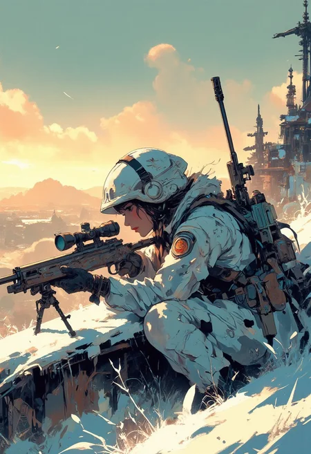 Mh1$AgThS2, intricate linework with expressive contrasts, soft lighting with dynamic highlights, image of female sniper in white camouflage uniform, aiming sniper rifle, lying prone on a hill in snow, silhouetted at sunset, chiascuro, In the style of ff-td