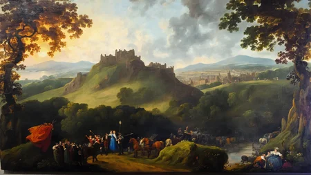 <lora:G30rg3B4rr3tSr_v1:1>, G30rg3B4rr3tSr oil painting, summer time, epic landscape, beltane festival, edinburgh