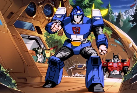score_9, score_8_up, score_7_up, animation, transformers, 1boy , robot,Autobot , Tall, Bulky, Stealth Super Tank, glowing eyes, blue eyes, large eyes, circular eyes, Forest Green and Black armor, forward Laser cannons, treads,, angry face, transforms into futuristic Stealth Super Tank, full body, Autobot Symbol (Blue), Military Helmet,