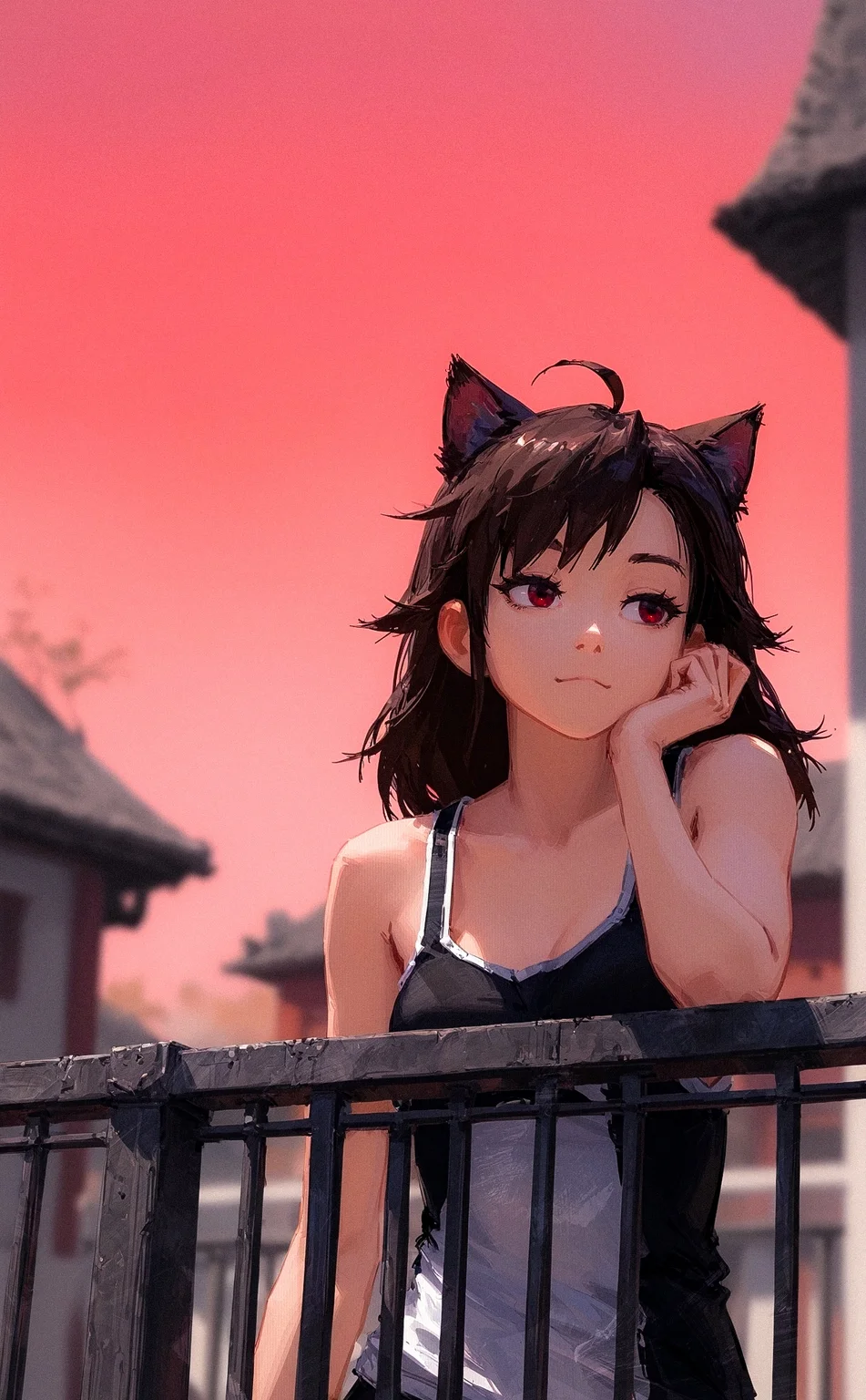 kan liu \(666k\), (reddizen:0.5), (rintaro komori:0.6),
ahoge, cat ears, head rest, breasts, balcony, long hair, looking afar, red sky, animal ears, upper body, sky, outdoors, tank top, 1girl, closed eyes, brown hair, small breasts, red eyes,
depth of field, blurry background,
very awa, best quality, highres, masterpiece, very aesthetic,
<lora:nhl-003:0.75> nhl-003,