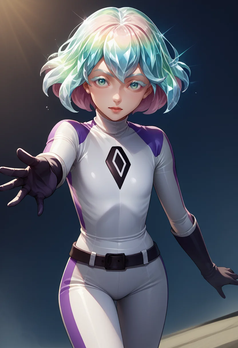 score_9, score_8_up, score_7_up, source_anime, bikesuit, biker clothes, white bodysuit, black belt, <lora:BikesuitsMario_XLPD:1>, <lora:Hoseki_HousekiNoKuni_Diamond_PDXL_v1:0.8> hskdmnd, crystal hair, colored eyelashes, multicolored hair, short hair, flat chest, reaching towards viewer, gloves, mature female,