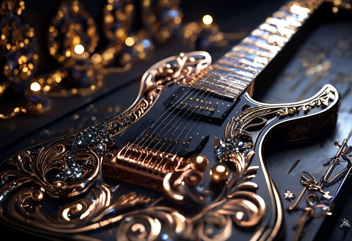 RAW photo of a very detailed reflective guitar with whimsical elements, dark studio, magical glowing podium, the rom is dark, only light of source is the guitar, reflective enviroment, spot lights, fantasy style, 90% black and 10% gold colors, big white diamonds on the guitar, strong depth of field, darkness, dramatic light, dusty black theme, intricate details, ultra sharp, exquisite detail, flawless composition, vivid colors, masterpiece, exciting background, timeless elegant and Exquisite Copper Ornaments