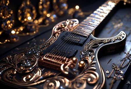 RAW photo of a very detailed reflective guitar with whimsical elements, dark studio, magical glowing podium, the rom is dark, only light of source is the guitar, reflective enviroment, spot lights, fantasy style, 90% black and 10% gold colors, big white diamonds on the guitar, strong depth of field, darkness, dramatic light, dusty black theme, intricate details, ultra sharp, exquisite detail, flawless composition, vivid colors, masterpiece, exciting background, timeless elegant and Exquisite Copper Ornaments
