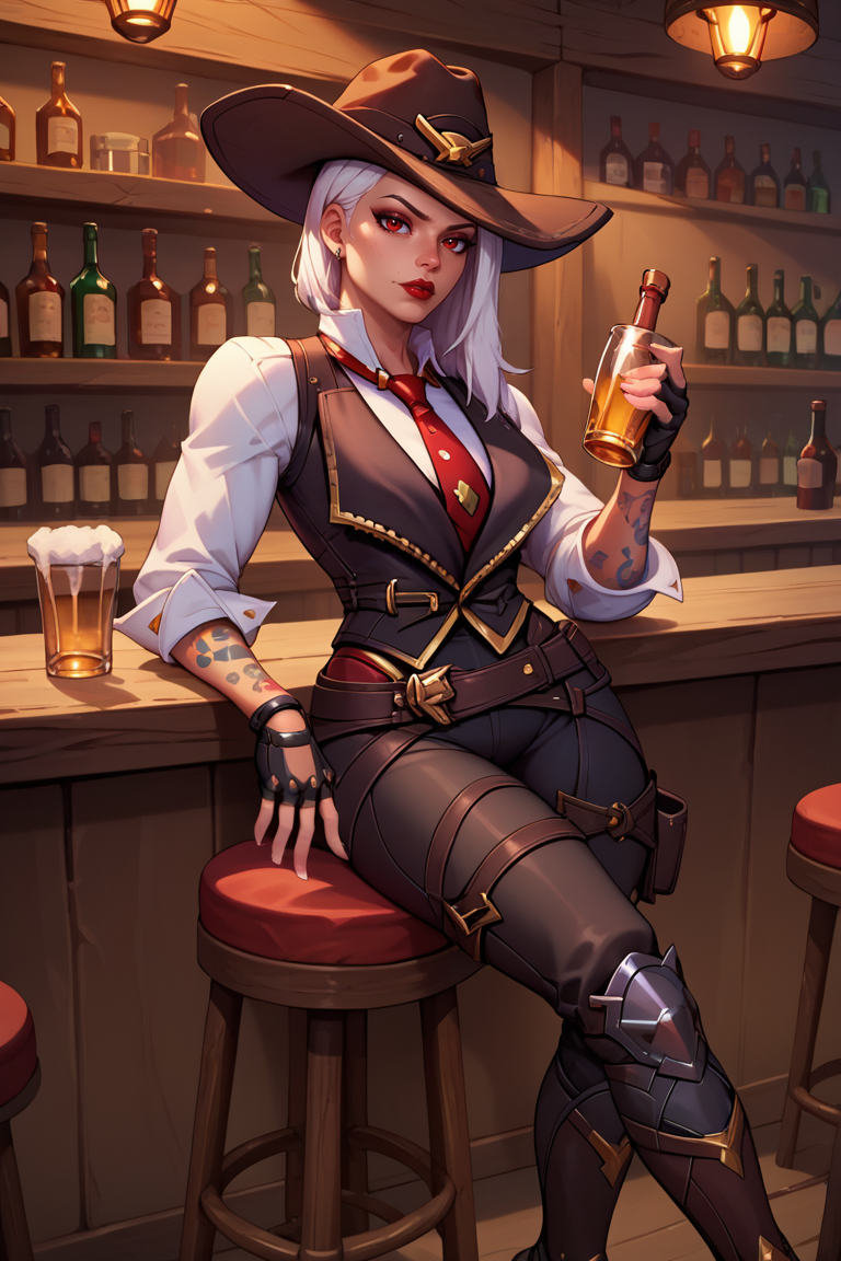 score_9, score_8_up, score_7_up, BREAK, 1girl, solo, <lora:asheow-guy-PONYv1:1>, asheow, makeup, hat, red eyes, lipstick, tattoo, necktie, cowboy hat, white shirt, jewelry, earrings, black vest, fingerless gloves, black pants, belt, boots, breasts, bar, counter, alcohol, bar stool