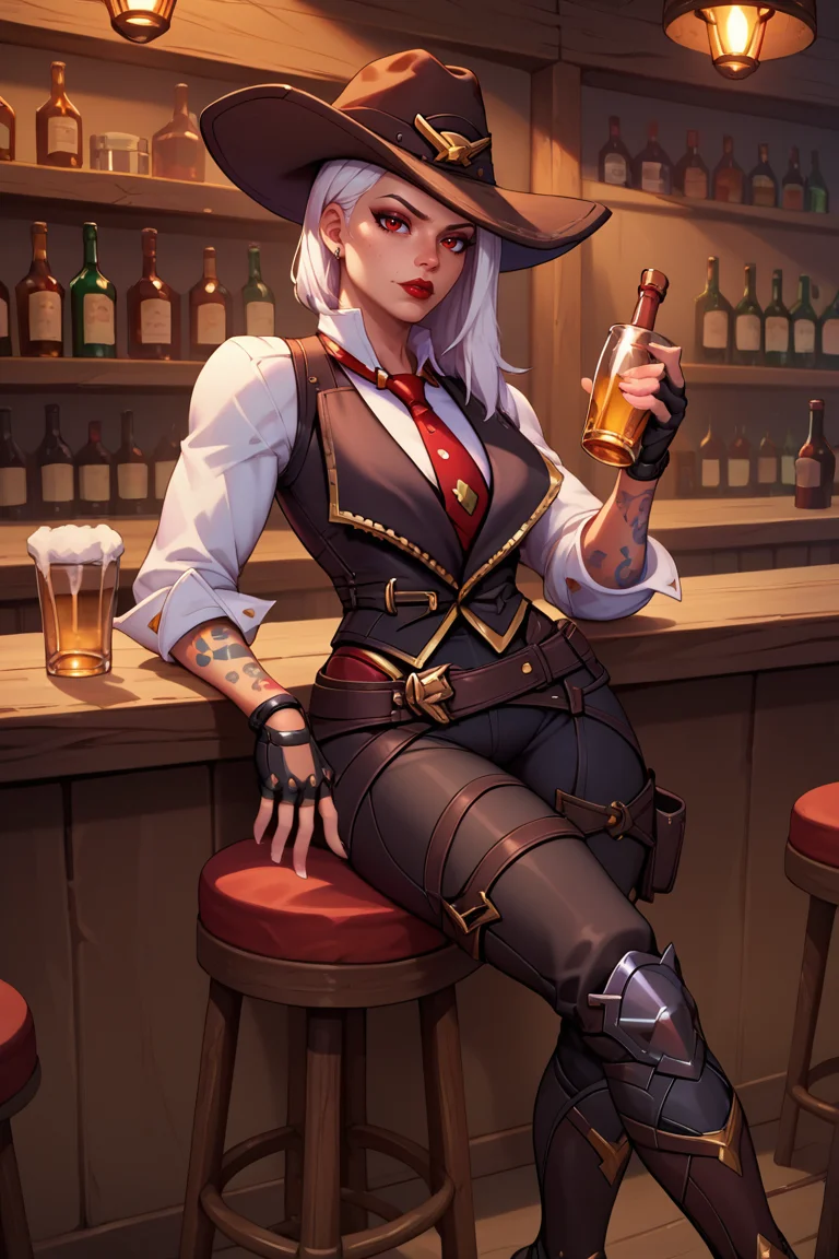 score_9, score_8_up, score_7_up, BREAK, 1girl, solo, <lora:asheow-guy-PONYv1:1>, asheow, makeup, hat, red eyes, lipstick, tattoo, necktie, cowboy hat, white shirt, jewelry, earrings, black vest, fingerless gloves, black pants, belt, boots, breasts, bar, counter, alcohol, bar stool