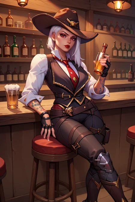 score_9, score_8_up, score_7_up, BREAK, 1girl, solo, <lora:asheow-guy-PONYv1:1>, asheow, makeup, hat, red eyes, lipstick, tattoo, necktie, cowboy hat, white shirt, jewelry, earrings, black vest, fingerless gloves, black pants, belt, boots, breasts, bar, counter, alcohol, bar stool