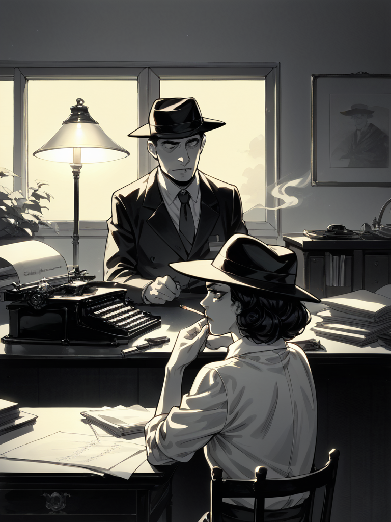 score_9, score_8_up, score_7_up, source_anime, BREAK

1boy, A detective, sitting, desk, typing, typewriter, Hat. Mood Lighting, Monochrome, Smoky, Desk Lamp, BREAK

1girl, attractive woman, standing, holding, cigarette, smoking, talking, Smoke