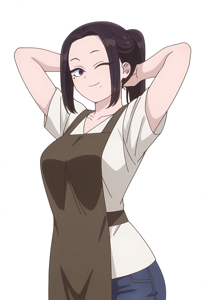 Smooth Quality,masterpiece,very intricate, high quality details, ultra realistic, high detailed skin,detailed enviorement,
simple background, white background,jeans,white t-shirt, apron,blouse,standing up,komishuukocnn,1girl,black hair, short hair, bangs, purple eyes,mature female,split hair, split-color hair,black hair,brown hair,brown eyes,ponytail,looking at viewer,big breasts,very wide hips,wink,smile,hands behind head,long hair, mole under eye, mole under mouth,ponytail,