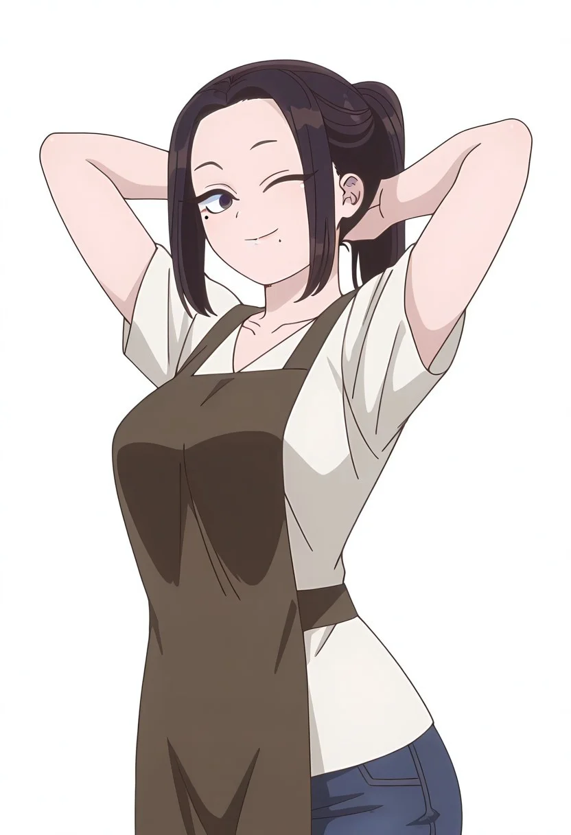 Smooth Quality,masterpiece,very intricate, high quality details, ultra realistic, high detailed skin,detailed enviorement,
simple background, white background,jeans,white t-shirt, apron,blouse,standing up,komishuukocnn,1girl,black hair, short hair, bangs, purple eyes,mature female,split hair, split-color hair,black hair,brown hair,brown eyes,ponytail,looking at viewer,big breasts,very wide hips,wink,smile,hands behind head,long hair, mole under eye, mole under mouth,ponytail,
