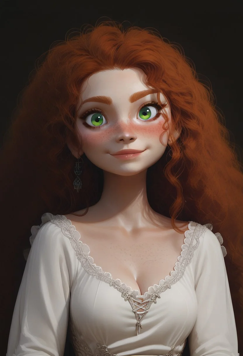 score_9, score_8_up, score_8. score_9, score_8_up, score_7_up, score_6_up, masterpiece, 4k, high quality, (best quality:1.1), ExpressiveH,(close up)
1girl, MeridaXLP, wavy hair, big hair, green eyes, freckles, medium breasts, blushing, looking at viewer, seductive smile, g0dd3ss, white dress, cleavage
black background