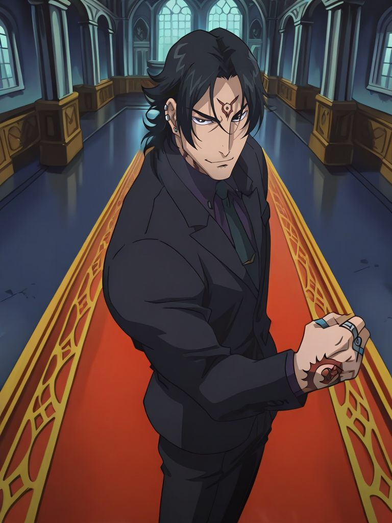 BloodyXL,, screencap, 
1boy, black hair, piercing, tattoo, black suit, tie, black pants, rings, cool, shorts, serious, looking at viewer, cowboy shot, dynamic pose, smile, wide shot, solo focus, dutch angle, indoors, mansion, from side, black eyes, from above,
<lora:ABloodyXL_Style:1.1>