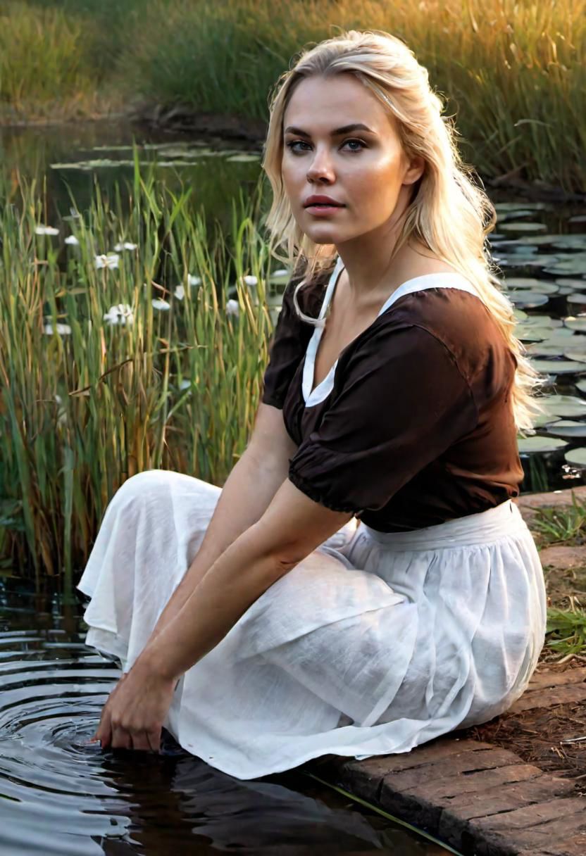 longshot, (realistic, ultra_realistic, 4k, 8k, hyper_realistic), a beautiful [Scandinavian] woman in dark brown blouse and long white underskirt, sunrise, (beautiful cute realistic faces, expressive eyes), realistic rendering, dusky, squatting and sitting on the steps of a pond:0.9, ((washing clothes in the pond:1.5)), ((looking away:0.5)), exposed thighs, ((body covered with soap froth:1.3)),