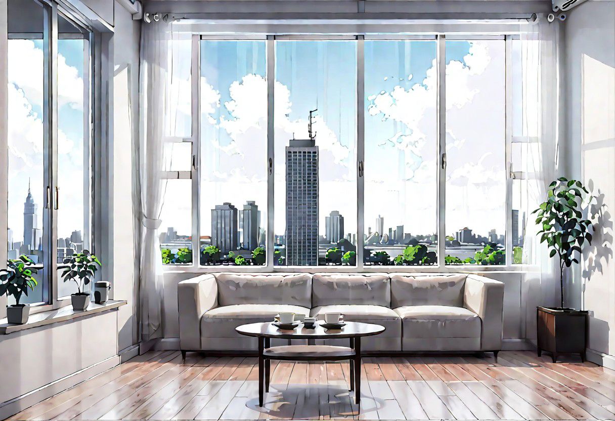 ((((front view)))), Shallow scene, ((animation style)), (((City high-rise building scenery))), ((((City scenery outside the window)))), (Facing the window), (open window), modern-style interior, Wooden floor, with white walls, (large windows), a living room, sofa and coffee table by the window sill, Sofa placed horizontally, noon, clear sky, low saturation